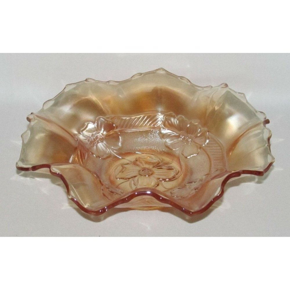 Carnival Glass Dugan APPLE BLOSSOMS Marigold Iridescent Medium Ruffled Bowl